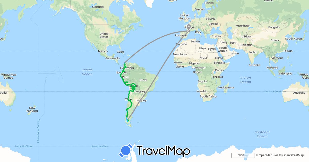 TravelMap itinerary: bus, plane, hiking, boat in Argentina, Bolivia, Chile, Colombia, Ecuador, France, Peru (Europe, South America)